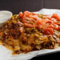 Chilli Cheese Fries · Hand cut fries, beef chilli, diced tomatoes, jalapenos, Jack cheddar cheese blend w/ ranch.