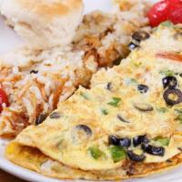 Veggie Omelet · With cheese, tomato, mushrooms, green pepper, onion & black olives. . (Comes w/ a bread and ...