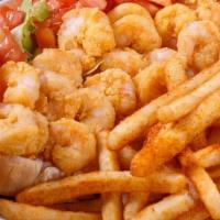 Shrimp Po'Boy · Dressed w/ lettuce, tomatoes, pickle and onions. Mayo and mustard on side. Add fries, onion ...