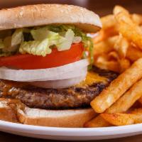 Half Pounder Burger · Dressed w/ lettuce, tomatoes, pickle and onions. Mayo and mustard on side. Add fries, onion ...