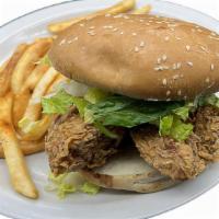Crispy Chix Sandwich · Dressed w/ lettuce, tomatoes, pickle and onions. Mayo and mustard on side. Add fries, onion ...