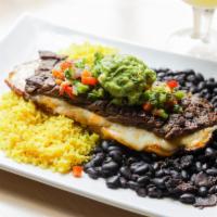 Platano Frito Relleno · 6 oz skirt steak (cooked to order), fried plantain, rice, charro beans, guacamole, cheese, h...