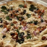 Greek Pizza · Mozzarella Cheese, Feta Cheese, Black Olives, Onions, Spinach, Tomatoes