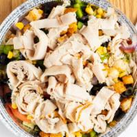 Chef Salad · Romaine Lettuce, Tomatoes, Onions, Corn, Croutons, Peppers, Shredded Turkey, Olives