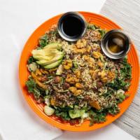 House- Half  · Kale Greens with Brussel Sprouts, spiced Nuts and Seed mix, roasted golden Beets, Quinoa, Av...