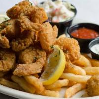 Fried Shrimp Platter · Served with cocktail, tartar, coleslaw, jalapeño hushpuppies, and French fries.