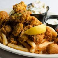 Fried Oyster Platter · Served with cocktail, tartar, coleslaw, jalapeño hushpuppies, and French fries.