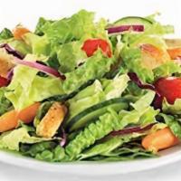 As Meal Small Garden Salad. · Mixed greens with cucumber, tomato, red onions, carrots, and homemade croutons. Your choice ...