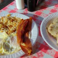 The Combo · Two eggs, cooked to order. Bacon or sausage. Hash browns or grits. Toast or biscuit.
