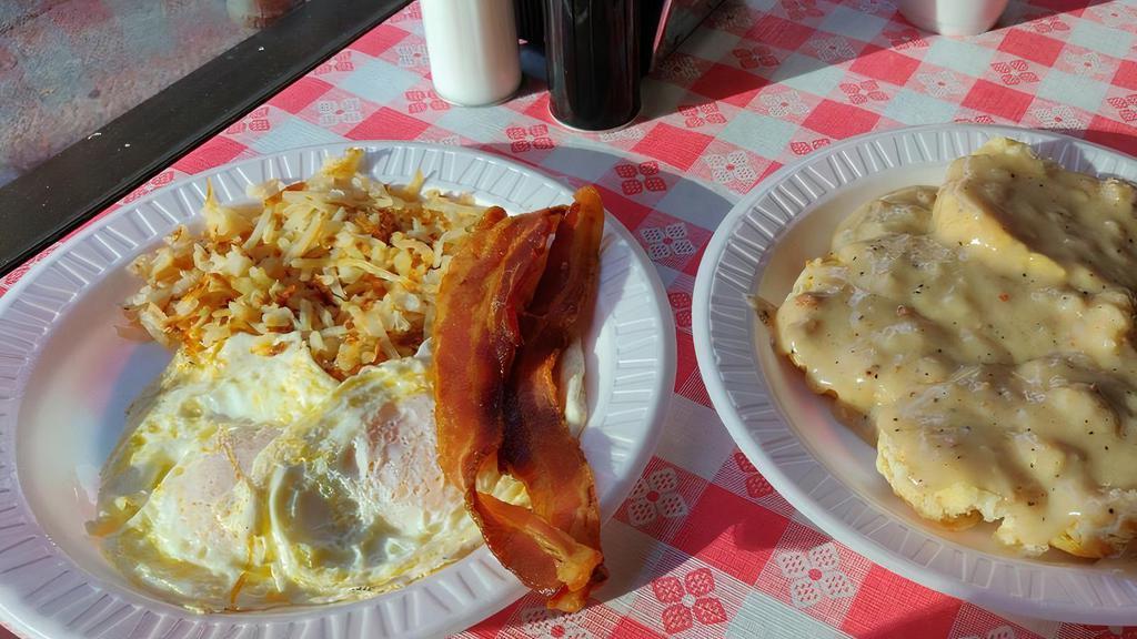 The Combo · Two eggs, cooked to order. Bacon or sausage. Hash browns or grits. Toast or biscuit.