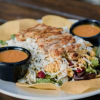 Southwest Chicken Salad · Mixed greens, grilled chicken, kidney beans, black beans, tomatoes, corn, cheddar, mozzarell...