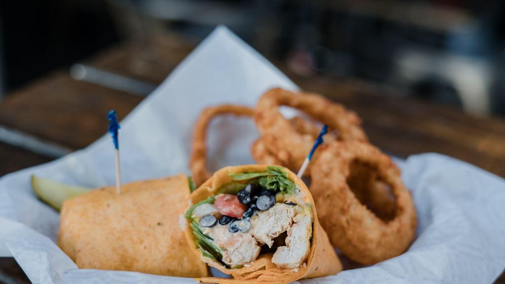 Grilled Chicken Chipotle Wrap · Grilled chicken, cheddar cheese, pico de gallo, black beans, greens and chipotle mayo.
