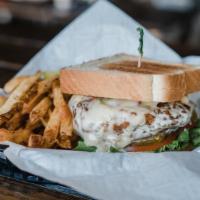 Ranch Chicken Clubhouse Sandwich · Fried chicken breast, lettuce, ranch dressing, crispy bacon and pepper Jack served on Texas ...