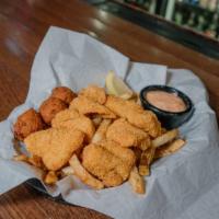 Catfish Nuggets · imported catfish w/ chipotle tartar sauce, served w/ 
hand-cut fries & hush puppies