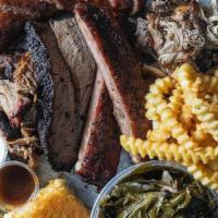 Meat Sweats Platter · Includes sliced brisket, ribs, pulled pork, pulled chicken & housemade sausage, choice of 2 ...