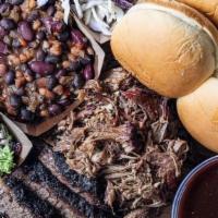 Family Meal · 2 lbs. of meat (1 lb. increments) choice of pulled pork, pulled chicken, sausage, brisket(+$...