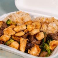 Hibachi Steak, Shrimp & Chicken · Serve with Broccoli, Carrot, Zucchini & Onion 
Fried Rice  And one White Sauce .
