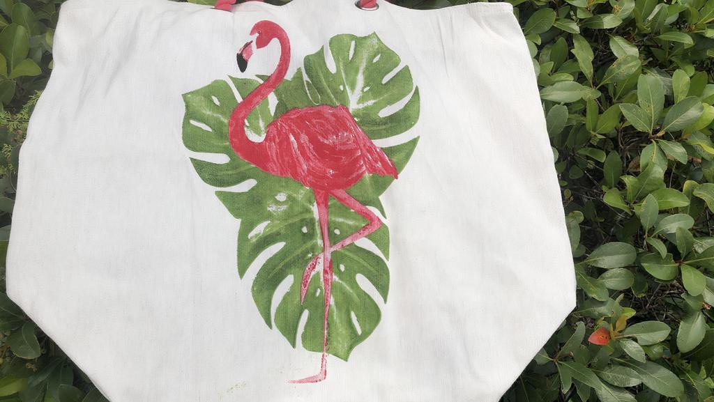 Flamingo Leaf Tote Bag · Large canvas tote bag with rope handles, perfect to carry groceries, beach gear or plants home!