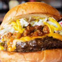 Carolina Burger · Certified angus beef patty, chili, american cheese, coleslaw, mustard, diced onions and brio...