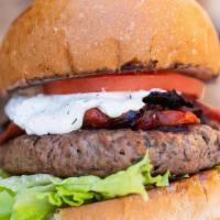 Impossible Burger · Impossible patty, balsamic marinated portobello mushrooms, roasted red peppers, lettuce, tom...