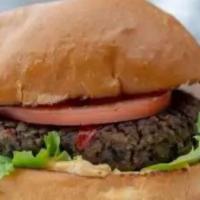 Black Bean Veggie Burger · House-made black bean patty (with roasted red peppers, onion and garlic), lettuce, tomato an...