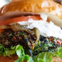 Spinach Quinoa Burger · House made spinach and quinoa patty with parmesan cheese, roasted red pepper, garlic and car...