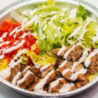 Boro Chicken Bowl · Chicken Served over a Bed of Yellow Rice, Lettuce, Tomatoes, Drizzled with Boro Sauce
