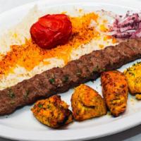 Mixed Kabob Platter · 1 Skewer of Fresh Ground Beef Kneaded, with House-Blend Spices & Parsley & 1 Skewer of Groun...