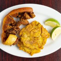 Chicharrón Con Arepa O Tostones · Pork rind served with arepa or green plantain.