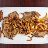 Bistec Encebollado · Top round steak with sauté onions, served with rice , beans and sweet plantains.