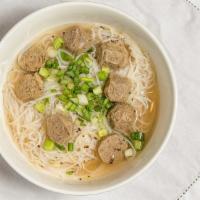 Pho Meat Ball · Beef meat ball, rice noodle, beef broth, green onion, pepper.