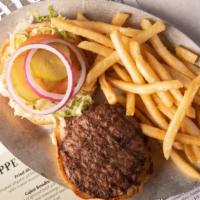 Black Angus Cheeseburger · Angus burger grilled the way you like it, cheddar cheese, and dressed with lettuce, tomato, ...