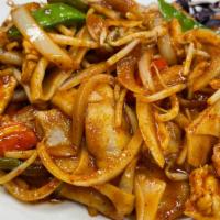 Drunken Noodle · Wide rice noodles stir-fried with chicken, shrimp, scallions, onions, bell peppers, snow pea...