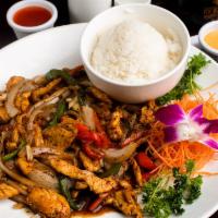 Black Pepper Chicken · Shredded chicken breast stir-fried with green pepper, red pepper and onion in our black pepp...