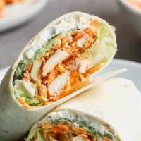 Buffalo Chicken Wrap · Chicken Tenders tossed in Buffalo sauce, with Lettuce, Tomato and Bleu cheese dressing.