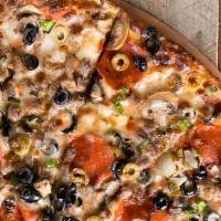 S-Pizza Maker · Our most popular pizza! Pepperoni, sausage, beef, mushrooms, black olives, green olives, gre...