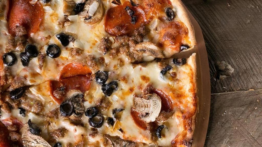 S-Pizza #3 · Pepperoni, sausage, mushrooms, black olives, onions