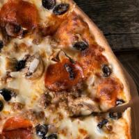 M-Pizza #3 · Pepperoni, sausage, mushrooms, black olives, onions