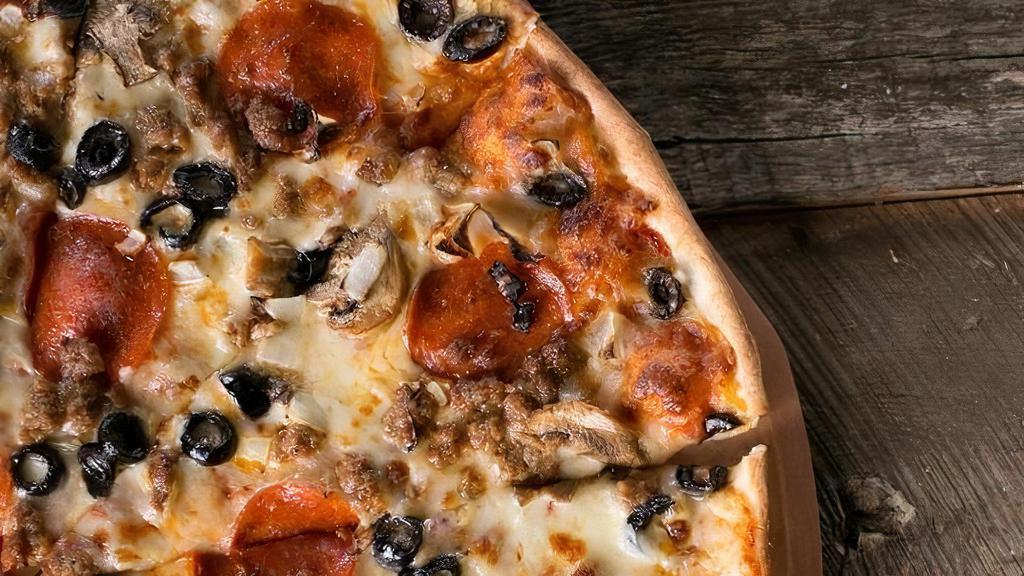 M-Pizza #3 · Pepperoni, sausage, mushrooms, black olives, onions