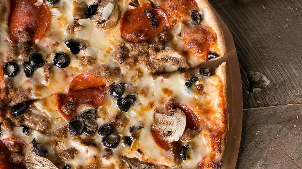 L-Pizza #3 · Pepperoni, sausage, mushrooms, black olives, onions