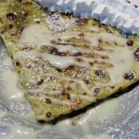 Cinnamon Roll Crepe · Scratch made crepe sprinkled w/cinnamon & sugar, drizzled w/our house made cream cheese glaz...