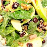 Happy Harvest · Fresh spinach mixed w/sliced apples, dried cranberry, chopped tomatoes, avocado, walnuts, an...