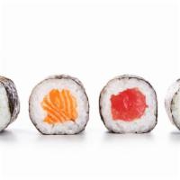 Sushi Sampler · 2 pcs Nigiri (Tuna and Shrimp) and half of a California roll.