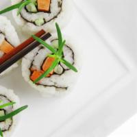 Vegetable Sushi Roll · A delicious sushi roll made with nori (dried seaweed), rice, carrots, cucumber, sea salt, an...