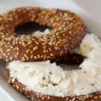 Toasted Bagel With Cream Cheese · Gluten-free pumpernickel bagel, cream cheeze