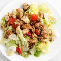 Grilled Chicken Salad · Romaine lettuce, tomato, cucumber, shredded cheese, grilled chicken.