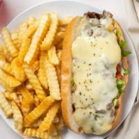 Steak Philly · Grilled Philly steak, grilled onions, provolone cheese, mayo, lettuce, tomato, Italian dress...