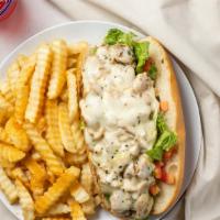 Chicken Philly · Grilled chicken, mayo, lettuce, tomato, grilled onions, provolone cheese, Italian dressing.