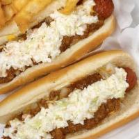 Hot Dogs (2) · Mustard, onions, chili, slaw.