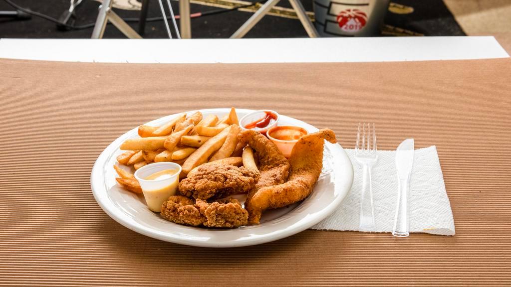 Chicken Tender & Catfish Platter · Chicken tenders and catfish served with French fries.